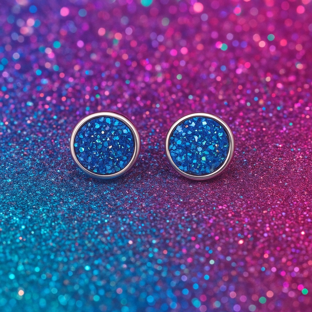 Blue Glitter Stud Druzy Mermaid Earrings - Picture 2 of 2